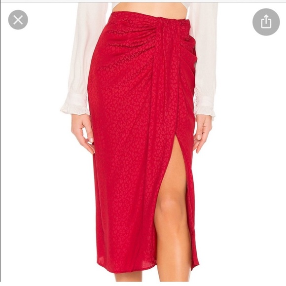 L’Academie Satin Red Leopard Print Midi Skirt - Picture 1 of 8